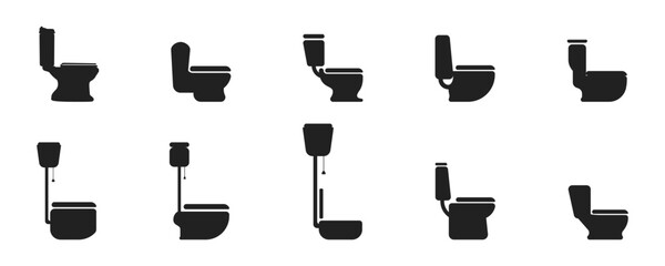 Wall Mural - Lavatory bowl black icon vector set. Toilet logo simple color. Simple stylish linear toilet. Furniture for the vector bathroom room. Symbol toilet bowl. Vector illustration.