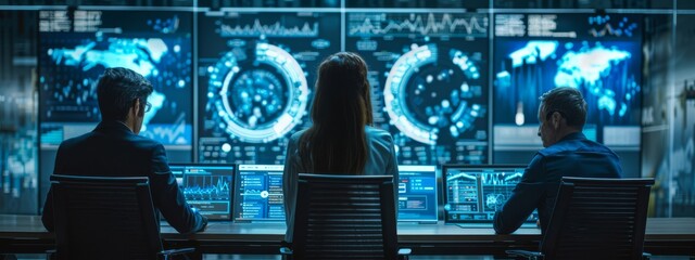 Poster - cybersecurity investment meeting in action, with participants viewed through a transparent digital t