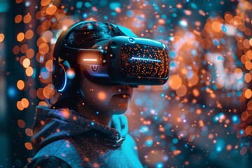 Poster - A youthful male adjusting his virtual reality glasses while exploring a cutting-edge cyber environment - The idea of virtual reality, advancement, and fresh tech concepts.
