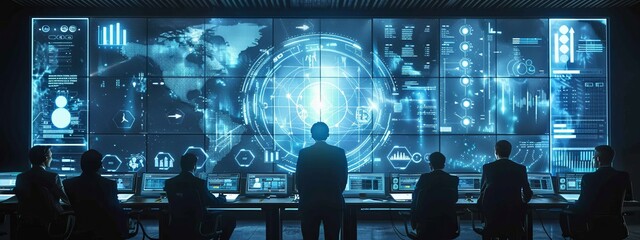 Poster - cybersecurity investment meeting in action, with participants viewed through a transparent digital t