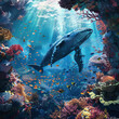 Whale in a coral reef with corals and fish