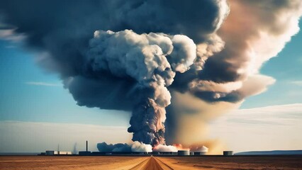 The explosion of a huge nuclear bomb with a mushroom cloud on the territory of a military plant, a weapon of mass destruction. Retro style