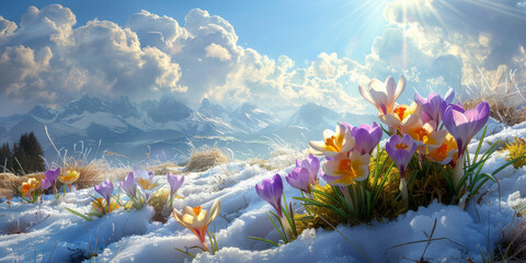 Wall Mural - crocuses in various colors are blossoming on the snowcovered ground with a blue sky and sun rays. purple, pink, and yellow flowers on snowy landscape, winter flower themes, banner