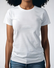 Wall Mural - Woman wearing t-shirt on  blank background. Women's white t-shirt mockup, front view, no design on the shirt. 