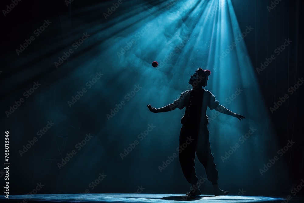 Enchanting Clown with Colorful Balls Juggling on Spotlighted Stage ...