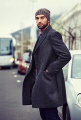 Poster - Fashion, portrait or man in street with coat for edgy clothes, outdoor travel or elegant style for winter outfit. City, cool model or stylish person in urban town in beanie or trendy jacket in Italy