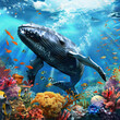 Whale in a coral reef with corals and fish