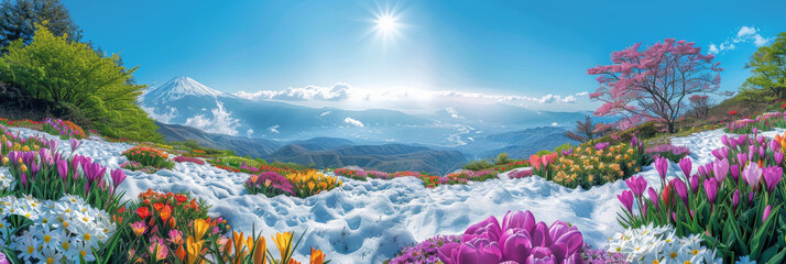 Wall Mural - crocuses in various colors are blossoming on the snowcovered ground with a blue sky and sun rays. purple, pink, and yellow flowers on snowy landscape, winter flower themes, banner