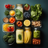 Fototapeta Konie - Snack ideas for to go and lunch boxes with various healthy foods  on dark background, top view. Flat lay. Top view.  Flat lay