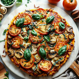Fototapeta Konie - Vegan pizza with mushrooms and tomatoes, top view