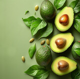 Fototapeta Konie - Halved avocados with leaves on green background, top view.