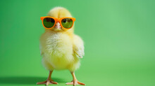 Cool Cute Little Easter Chick Baby With Sunglasses On Green Background With Copy Space, Greetings Card Design.