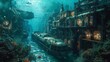 Envision an underwater fantasy scene where marine life and flora intertwine with elements of urbanity, such as submerged vehicles and buildings, illuminated by a bioluminescent glow.