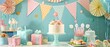 A cheerful scene of a baby shower with pastel decorations gifts