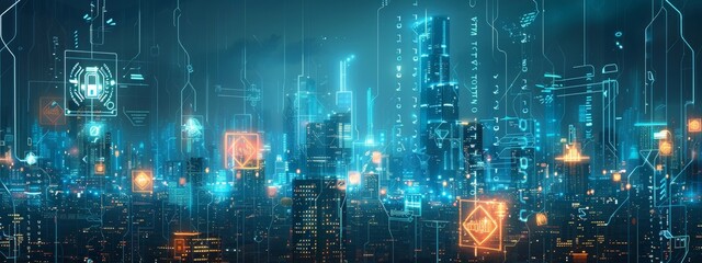 Poster - Futuristic cityscape with digital shields overlay, representing societal commitment to cybersecurity behavior