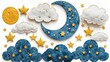 Cartoon sky cute clouds with stars and moon backdrop