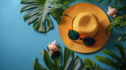 Poster - Stylish Hat, Sunglasses, and Palm Leaves on Blue Background