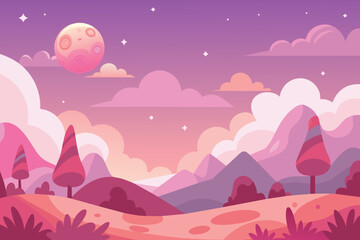  Cartoon background of pink sky. Fantasy landscape with cute nature objects. outline simple vector illustration