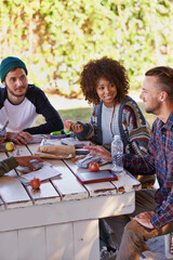 Poster - Study, table and group of university friends with food, conversation or social support in education. Books, tablet and happy students relax together on patio with diversity, lunch and college