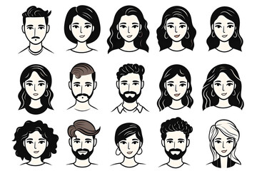 Canvas Print - Set of doodle people faces black and white, minimalist line drawing