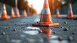 Close-up photo of orange signal cone with white stripes that signal problems on public roads or construction or repair work.