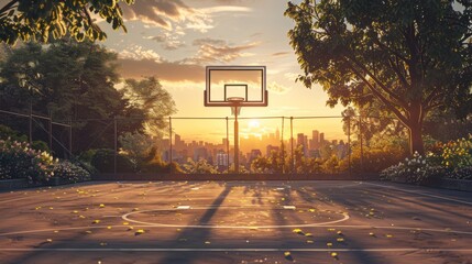 Wall Mural - Basketball court outside, simple style, sunset glow, spring's greenery backdrop. Spring blooms frame outdoor basketball area, golden sunset glow on hoop.