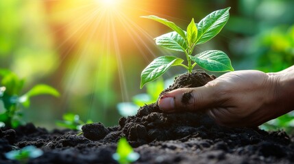 Hand holding soil with young plant, representing nature, environment, man's hands planting seedling in garden on sunny day, Earth Day background. Ecology concept.