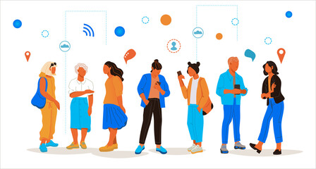 Group of people communicate in Internet using phones and talking. Communication and social network concept.