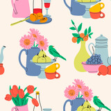 Fototapeta Pokój dzieciecy - Classical still life pictures set. Flowers in vase, fruits on plate, bottle with drink. Hand drawn colorful Vector illustration. Square seamless Pattern, background, wallpaper