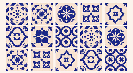 Wall Mural - Various square Tiles. Different blue ornaments. Traditional mediterranean style. Hand drawn Vector illustration. Ceramic tiles. Isolated design elements. Grunge texture. Decorative tile pattern design