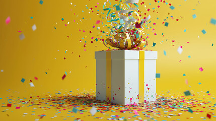 Celebratory White Gift Box Exploding with Colorful Confetti and Streamers, Joyful Surprise Theme on Yellow, 3D Render