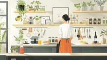 Illustrate The Everyday Life Of A Person Living A Zero-waste Lifestyle, From Shopping With Reusable Bags To Using Eco-friendly Products, In A Modern, Minimalist Home Setting.