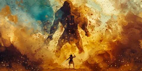 captivating watercolor of david and goliath, illustrating the triumph of courage and faith over adve