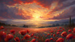 panorama of a nice sunset over poppy field.