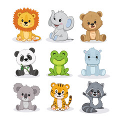 Wall Mural -  Set of cartoon cute animals including lion, tiger, hippopotamus, bear, panda, koala, raccoon, frog and elephant. Jungle and forest animals for magazines, postcards. Vector illustration