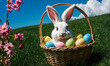 Easter basket with decorated eggs and the Easter bunny in the grass. The character and all objects are fictitious, the image was created using the neural network Fooocus v2