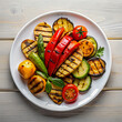 Grilled vegetables - zucchini, paprika, eggplant, asparagus and tomatoes.. The character and all objects are fictitious, the image was created using the neural network Fooocus v2