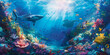 Underwater sea World with Colorful Fish,corals Reef, parrotfishs manta ray, shark, turtles, coral reefs and other marine life. 