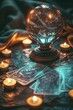 Tarot cards spread around crystal ball, dark room lit by cryptoflamed candles, ethereal effect , cinematic