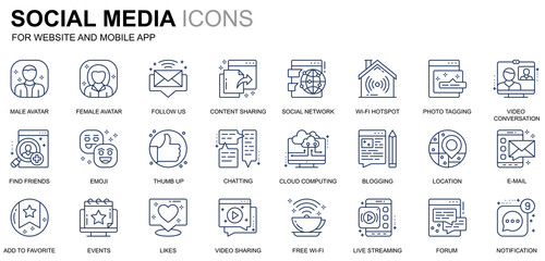 Poster - Simple Set Social Media and Network Line Icons for Website and Mobile Apps. Contains such Icons as Avatar, Emoji, Chating, Likes. Conceptual color line icon. Pictogram pack.