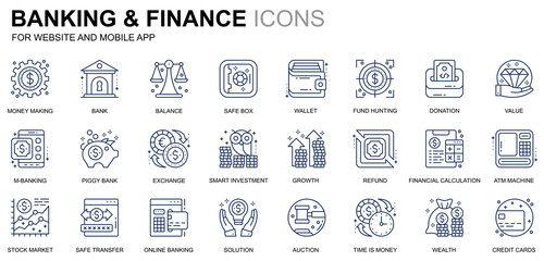 Leinwandbilder - Simple Set Banking and Finance Line Icons for Website and Mobile Apps. Contains such Icons as Balance, E-Banking, Auction, Financial Growth. Conceptual color line icon. Pictogram pack.