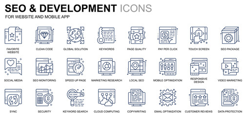Leinwandbilder - Simple Set Seo and Development Line Icons for Website and Mobile Apps. Contains such Icons as Clean Code, Data Protection, Monitoring. Conceptual color line icon. Pictogram pack.