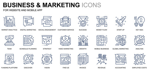 Fototapete - Simple Set Business and Marketing Line Icons for Website and Mobile Apps. Contains such Icons as Vision, Mission, Planning, Market. Conceptual color line icon. Pictogram pack.