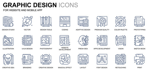 Wall Mural - Simple Set Web and Graphic Design Line Icons for Website and Mobile Apps. Contains such Icons as Studio, Tools, App Development, Retouching. Conceptual color line icon. Pictogram pack.