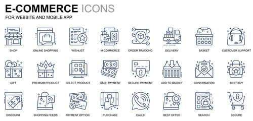 Leinwandbilder - Simple Set E-Commerce and Shopping Line Icons for Website and Mobile Apps. Contains such Icons as Delivery, Payment, Basket, Customer, Shop. Conceptual color line icon. Pictogram pack.