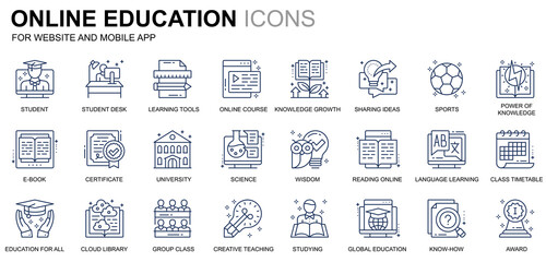 Poster - Simple Set Education and Knowledge Line Icons for Website and Mobile Apps. Contains such Icons as Online Course, University, Studying, Book. Conceptual color line icon. Pictogram pack.