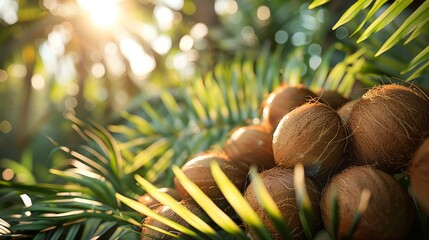 Wall Mural - Sunlit pile of coconuts with lush greenery interspersed