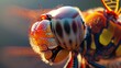 Extreme close-up macro photography capturing the intricate details of a dragonfly's head and compound eyes with vibrant colors.