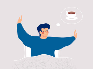 Smiling Man stretches in the bed and thinking about cup of coffee. Happy boy wakes up and feels good yourself. Healthy Morning habits and Body care concept. Vector illustration