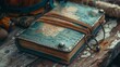 An old travel journal, with a weathered map cover, lies open among various explorer's tools, telling tales of adventure.